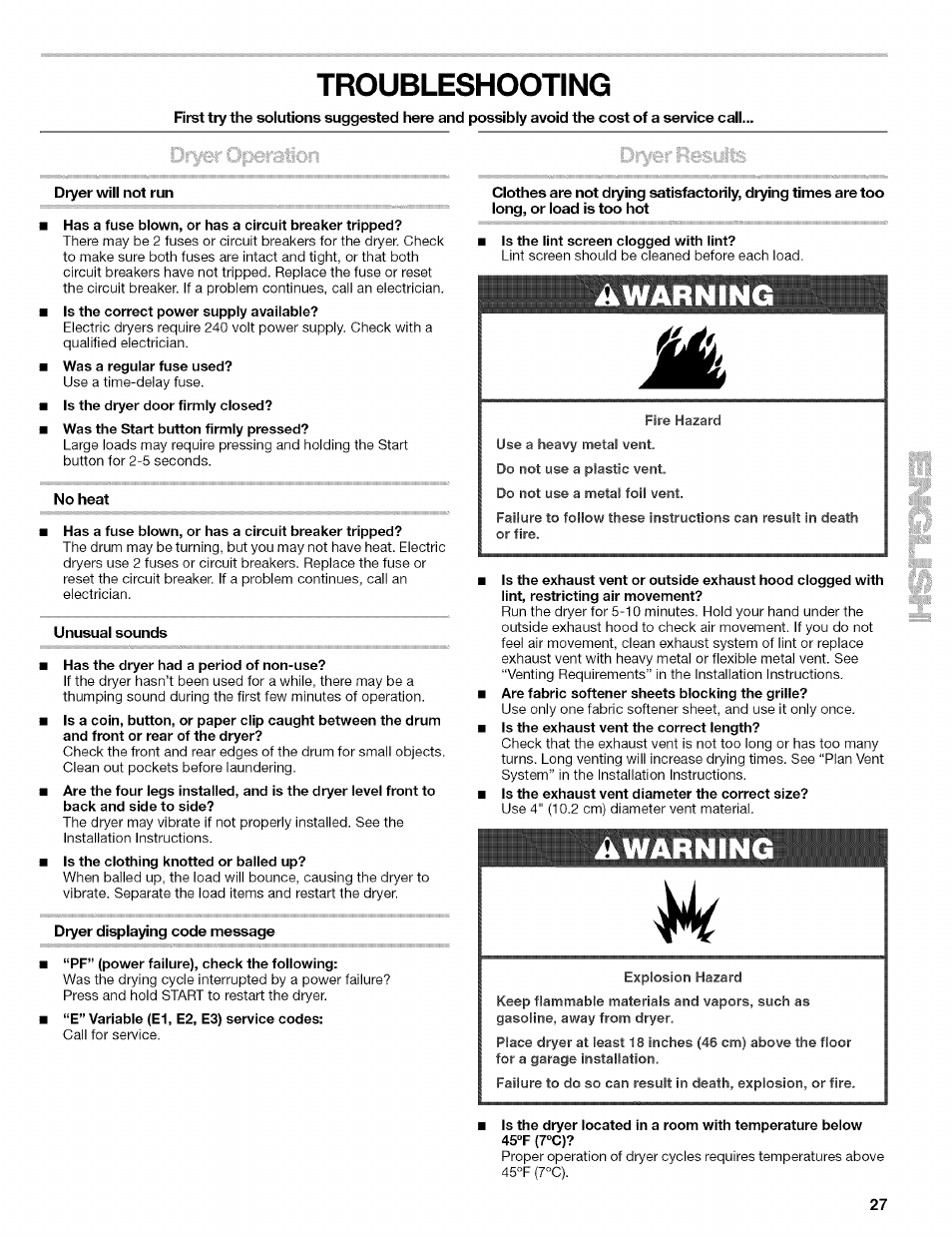 Troubleshooting, Dryer will not run, No heat | Unusuai sounds, Dryer displaying code message, Ii i, Arming | Kenmore 110.8509# User Manual | Page 27 / 60