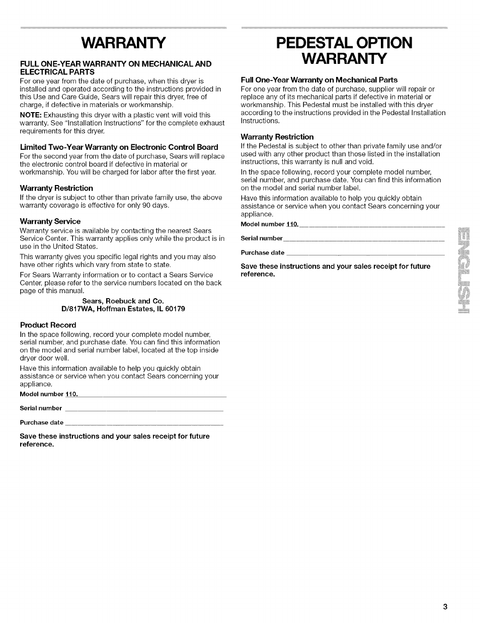 Warranty, Warranty restriction, Warranty service | Product record, Pedestal option warranty, Full one-year warranty on mechanical parts | Kenmore 110.8509# User Manual | Page 3 / 60