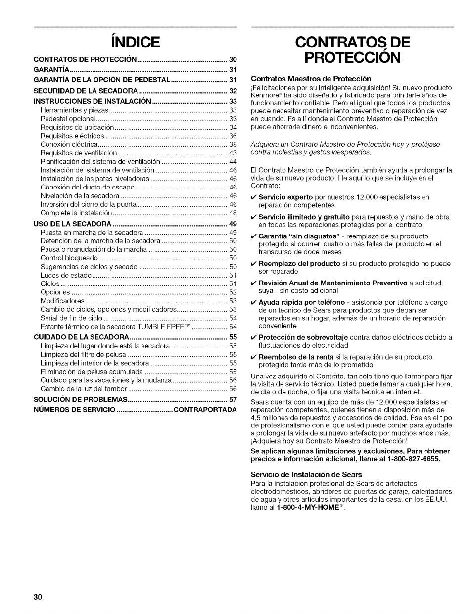 Indice, Contratos de protección, Contratos maestros de protección | Servicio de instalación de sears | Kenmore 110.8509# User Manual | Page 30 / 60