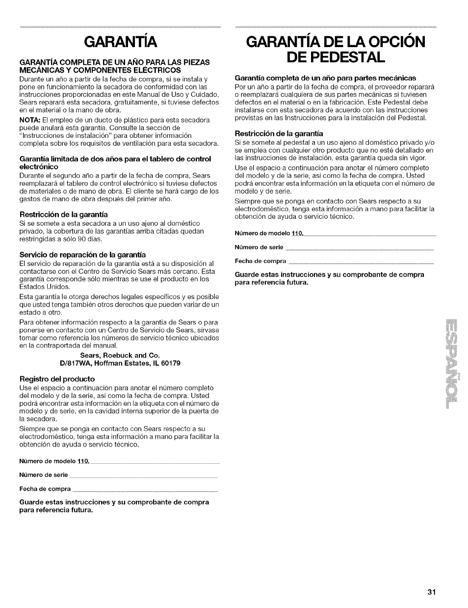 Garantia, Garantia de la opcion de pedestal | Kenmore 110.8509# User Manual | Page 31 / 60