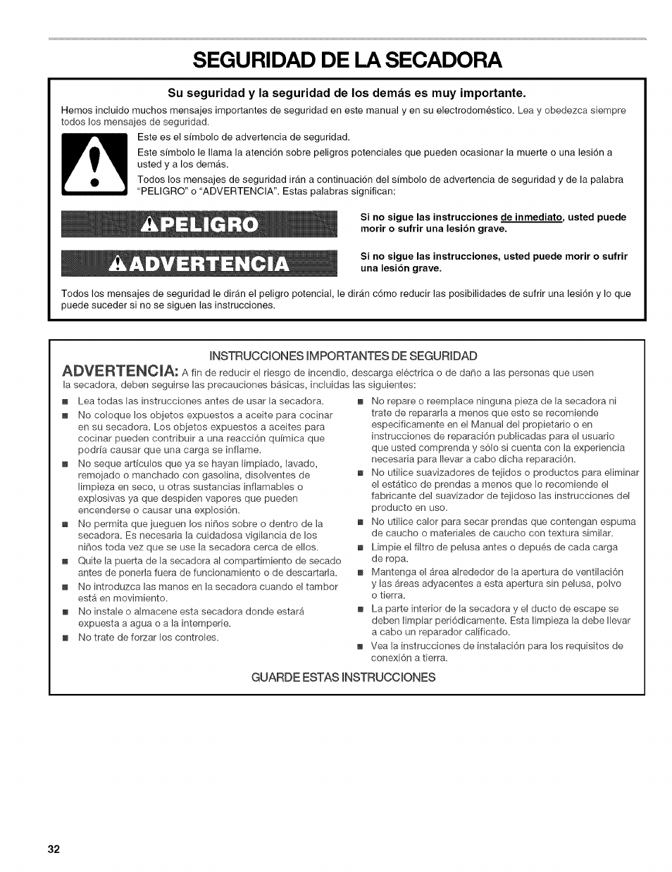 Seguridad de la secadora, Apeligro, Aadvertenci | Kenmore 110.8509# User Manual | Page 32 / 60