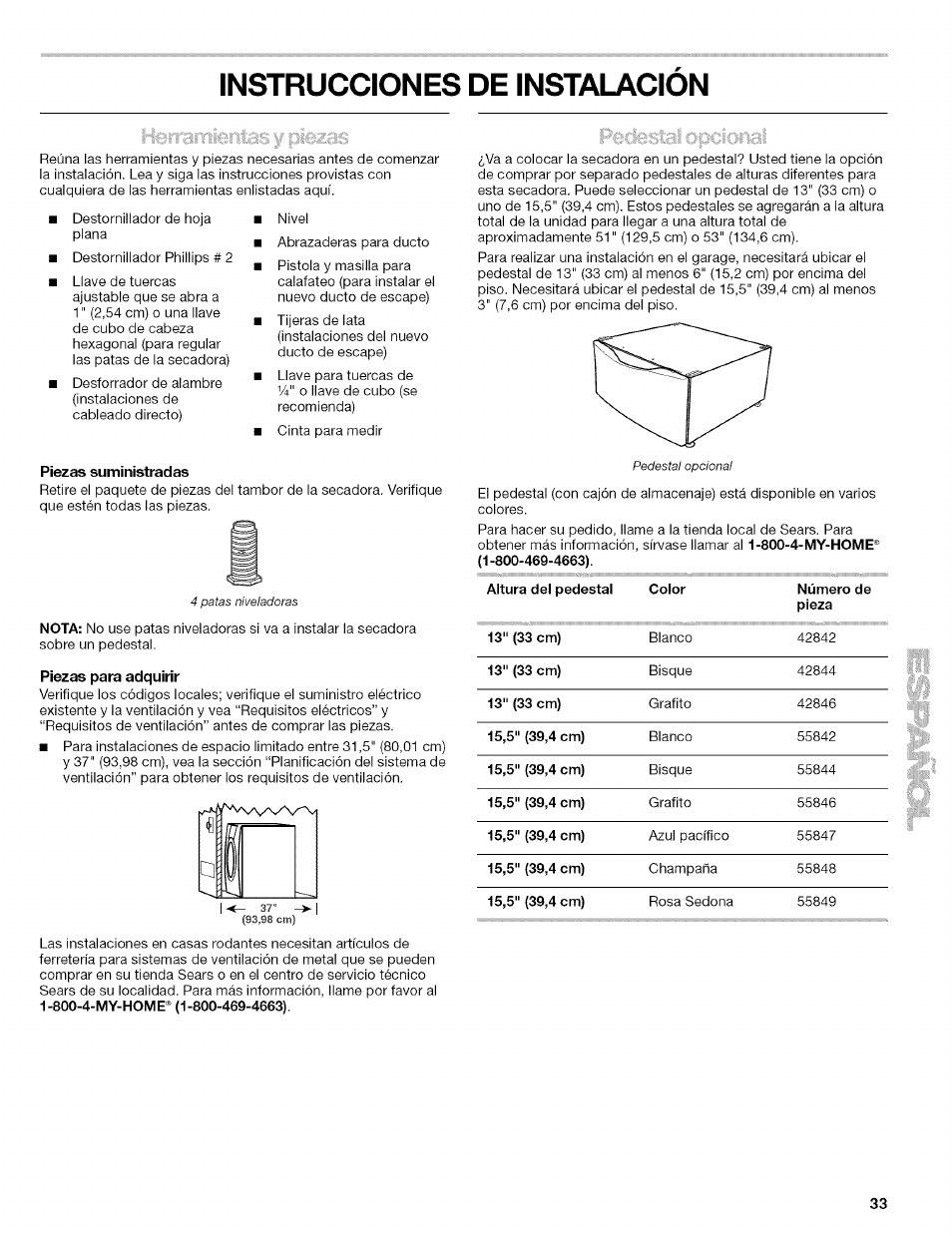 Instrucciones de instalacion, Piezas suministradas, Piezas para adquirir | Instrucciones de instalación | Kenmore 110.8509# User Manual | Page 33 / 60