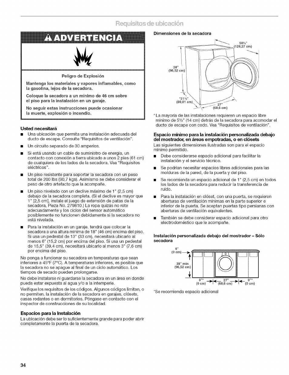 Usted necesitará, Espacios para la instalación, Aadvertenci | Kenmore 110.8509# User Manual | Page 34 / 60