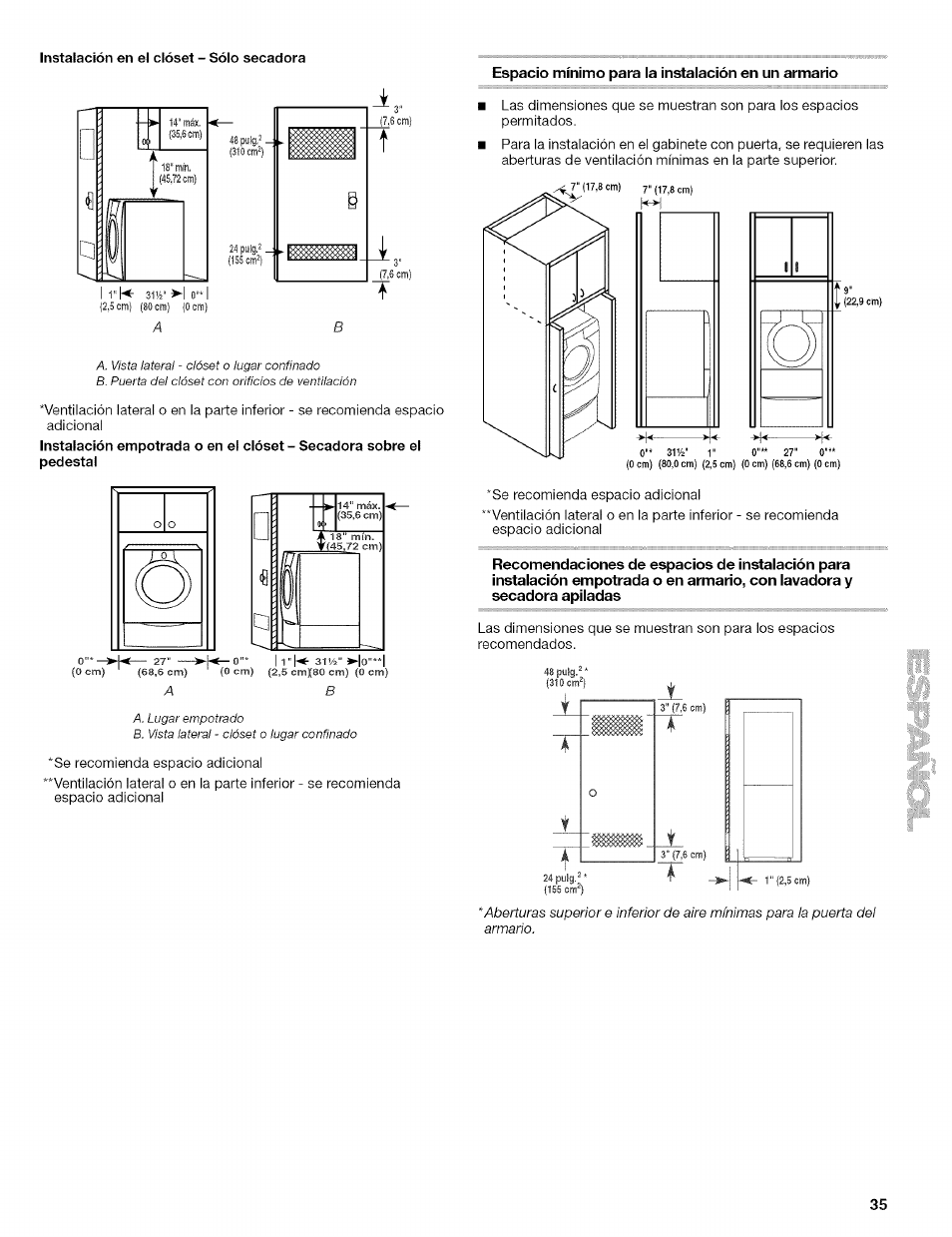 Espacio mínimo para la instalación en un armario | Kenmore 110.8509# User Manual | Page 35 / 60