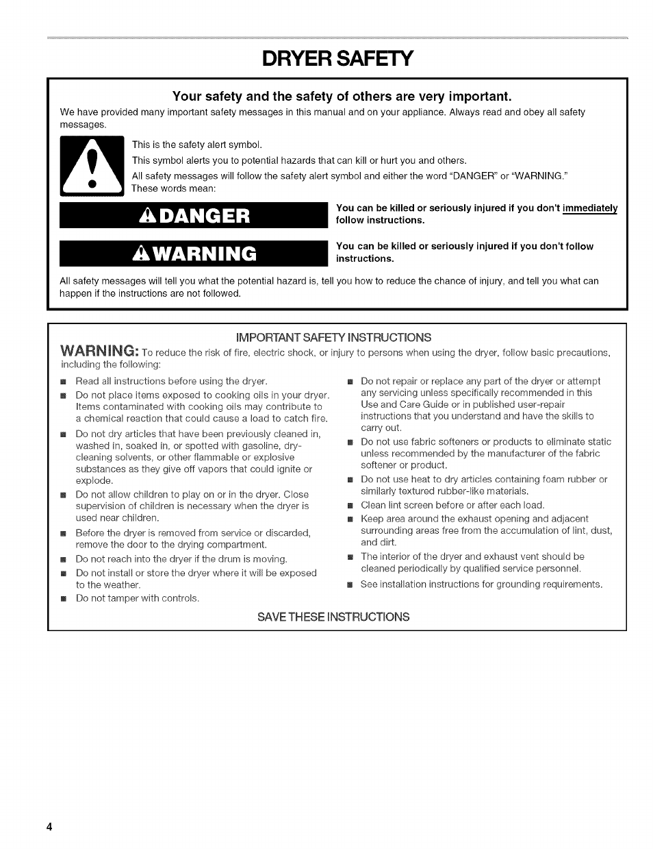 Dryer safety, Awarning | Kenmore 110.8509# User Manual | Page 4 / 60