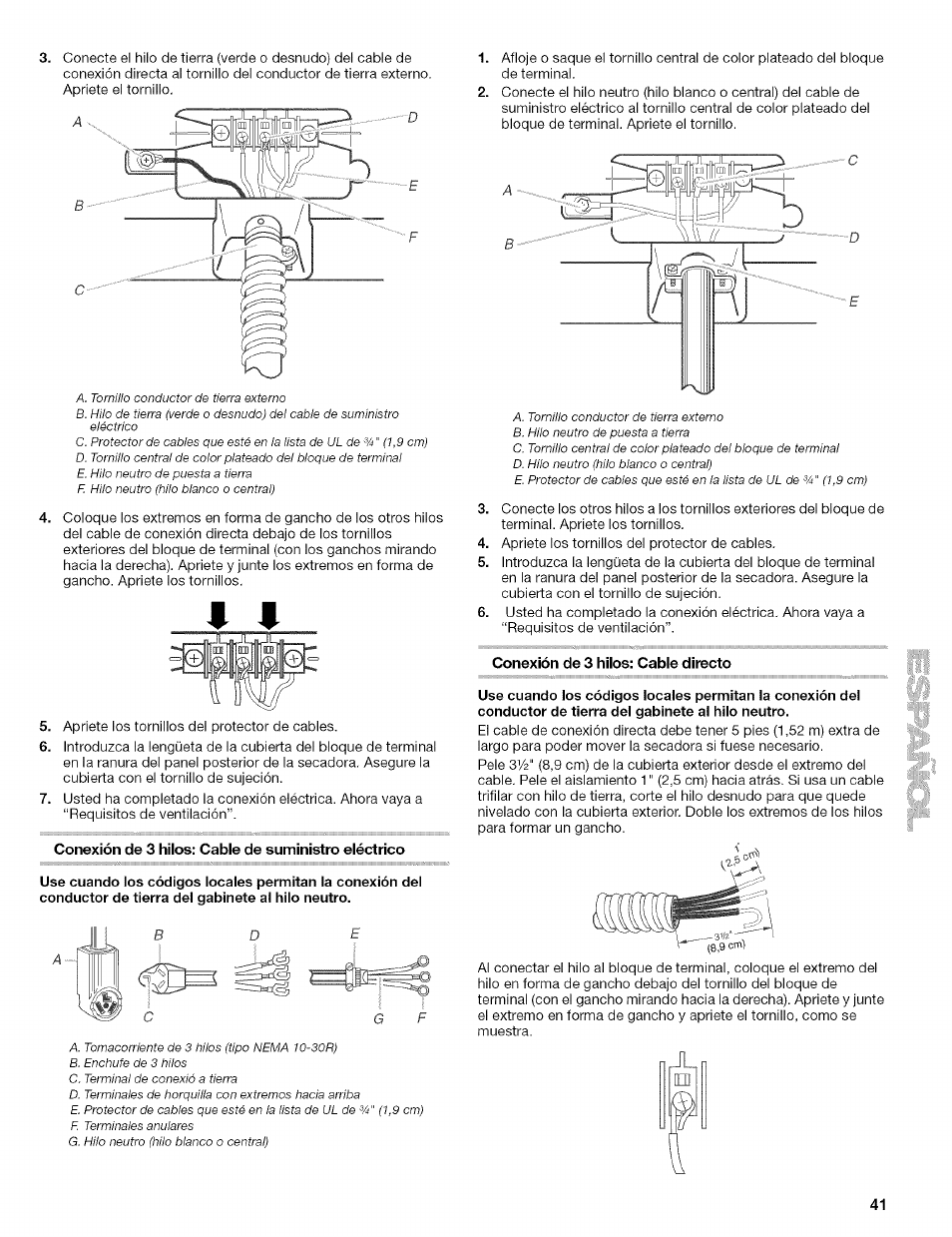 Conexión de 3 hilos: cable de suministro eléctrico, Conexión de 3 hilos: cable directo | Kenmore 110.8509# User Manual | Page 41 / 60