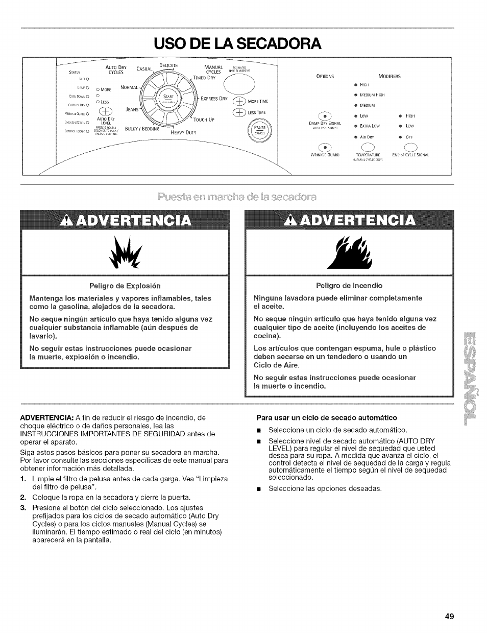 Uso de la secadora, Secadora, Aadvertenci | A advertencia | Kenmore 110.8509# User Manual | Page 49 / 60