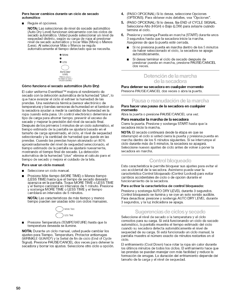 Para detener su secadora en cualquier momento | Kenmore 110.8509# User Manual | Page 50 / 60