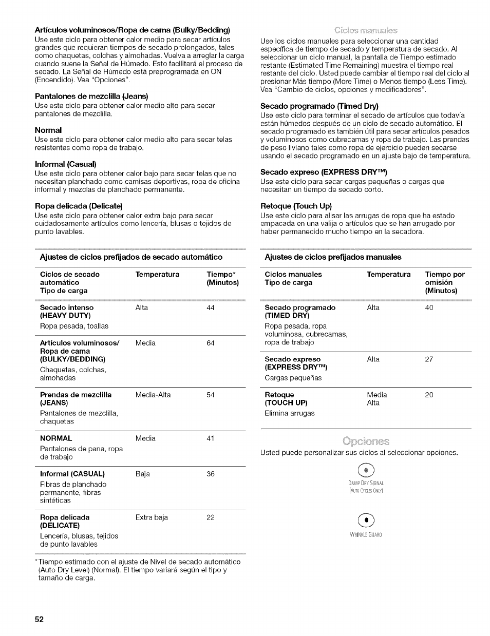 Artículos voluminosos/ropa de cama (bulky/bedding), Pantalones de mezclilla (jeans), Normal | Informal (casual), Secado programado (timed dry), Secado expreso (express dry™), Ropa delicada (delicate) | Kenmore 110.8509# User Manual | Page 52 / 60