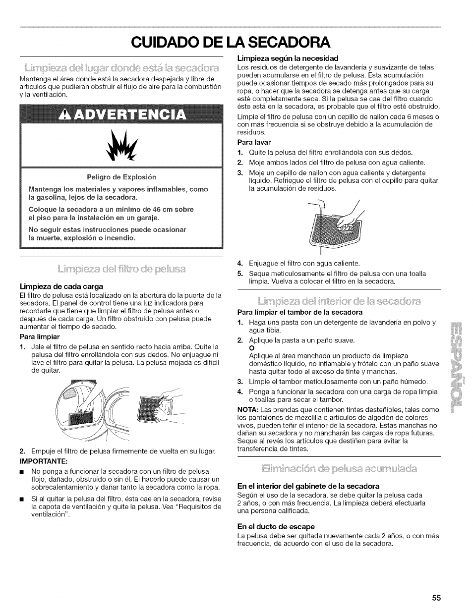 Cuidado de la secadora, Limpieza de cada carga, Importante | Para limpiar ei tambor de ia secadora, En el interior del gabinete de la secadora, En el ducto de escape, Conexión del ducto de escape, Aadvertenci | Kenmore 110.8509# User Manual | Page 55 / 60