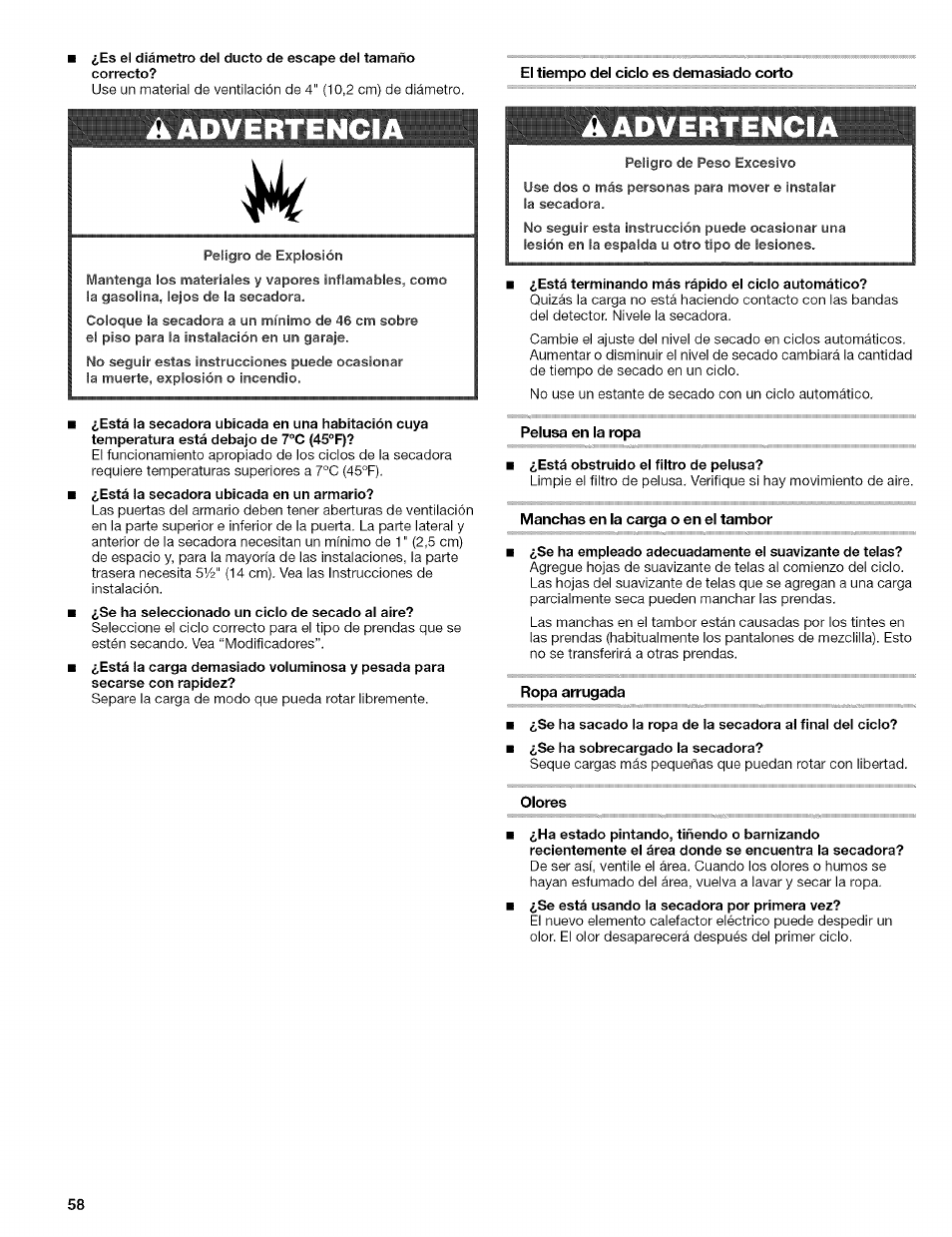 El tiempo del ciclo es demasiado corto, Manchas en la carga o en el tambor, Ropa arrugada | Olores, Aadvertenci | Kenmore 110.8509# User Manual | Page 58 / 60