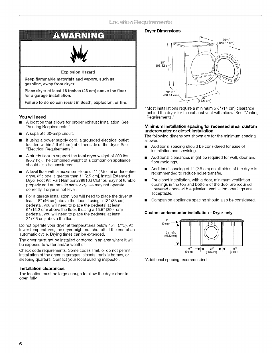 Dryer dimensions, You wiii need, Installation clearances | Awarning | Kenmore 110.8509# User Manual | Page 6 / 60