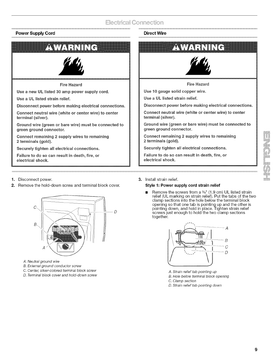 Power supply cord, Warning | Kenmore 110.8509# User Manual | Page 9 / 60