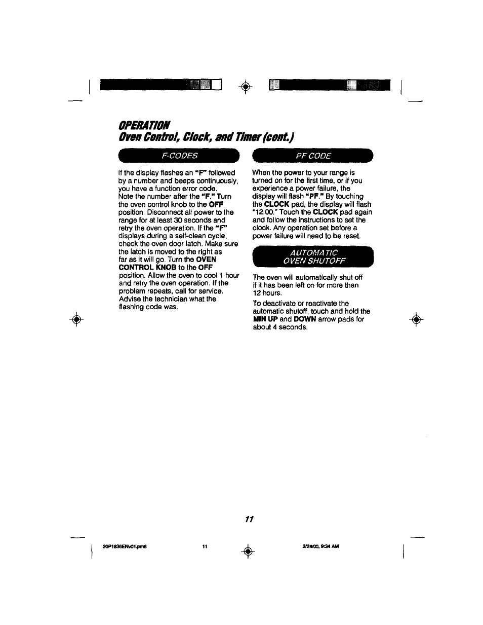 Operatioh, Ovett control^ clock, atto timer (eonl) | Kenmore 911.93508 User Manual | Page 11 / 34