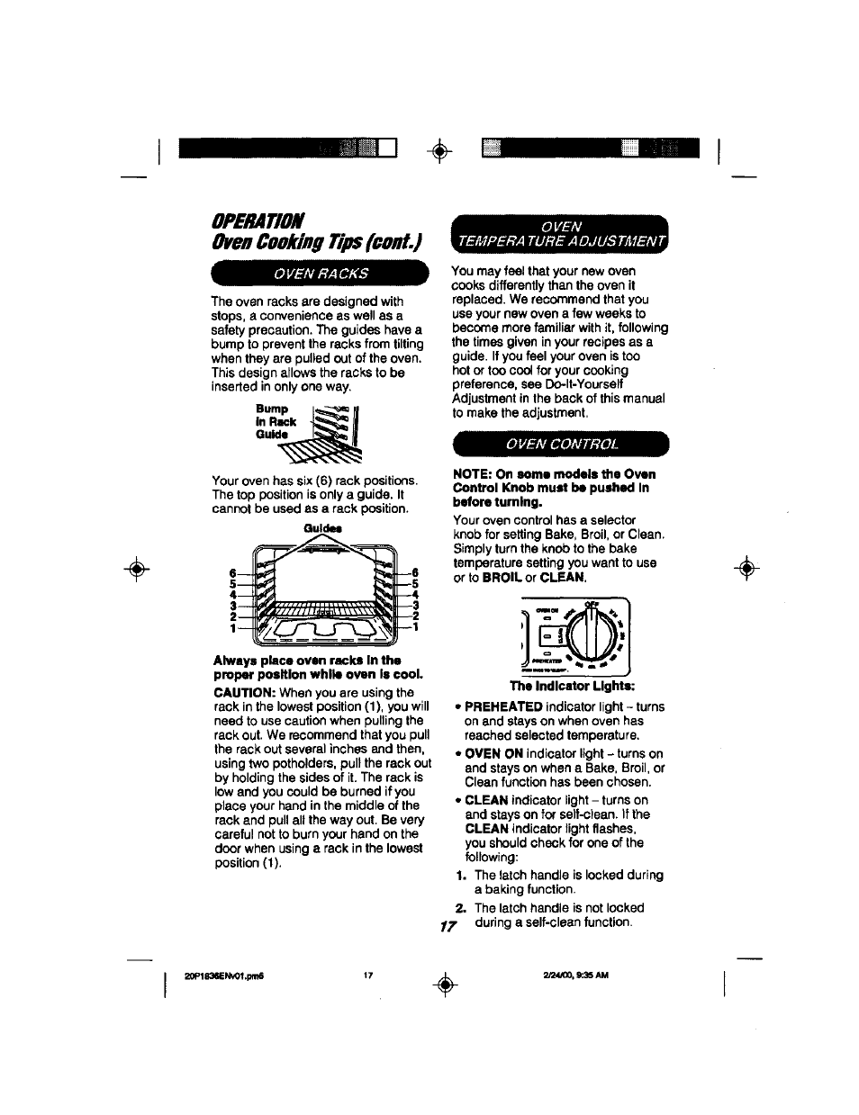 Ouldaa, Operatiom oven cooking tips (coat.) ovenracks, Oven tempera ture adjustment | Oven control | Kenmore 911.93508 User Manual | Page 17 / 34