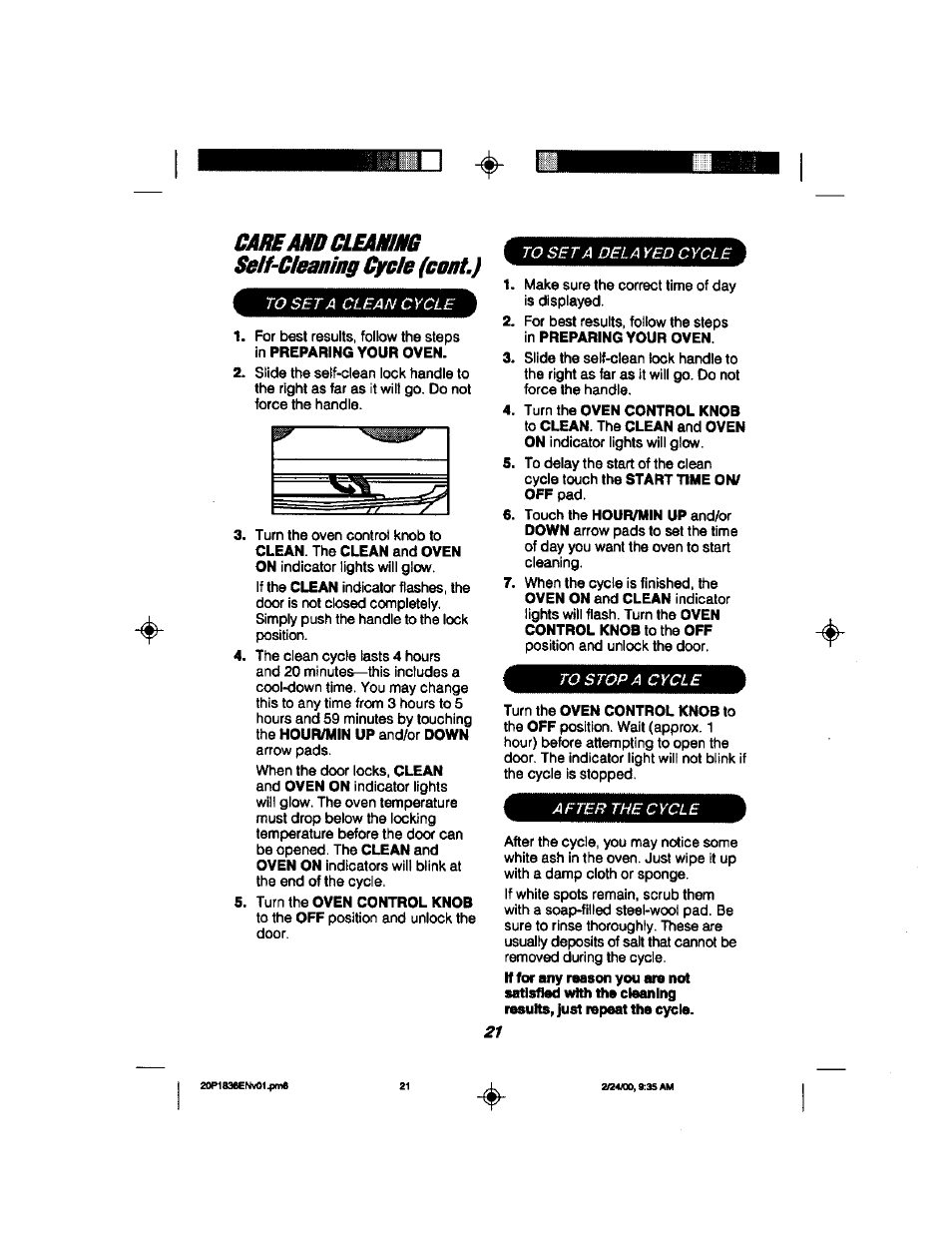 Seff-cleaniag cycle (coat.), Seff-cleaniag cycle (coat.) to set a clean cycle, After the cycle | Kenmore 911.93508 User Manual | Page 21 / 34