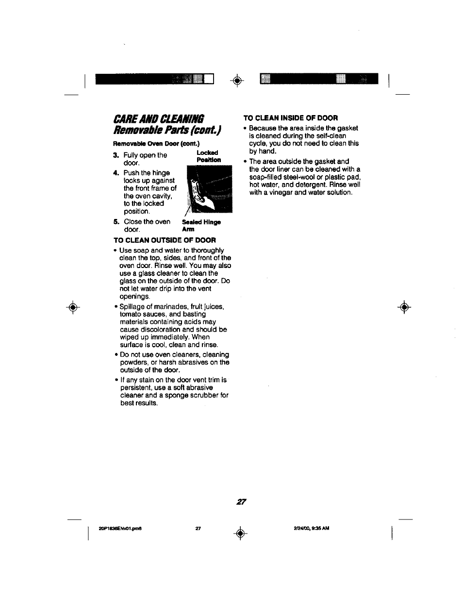 Removable parte (coat), Removable oven door (cont.), Locked position sealed hinge arm | Kenmore 911.93508 User Manual | Page 27 / 34