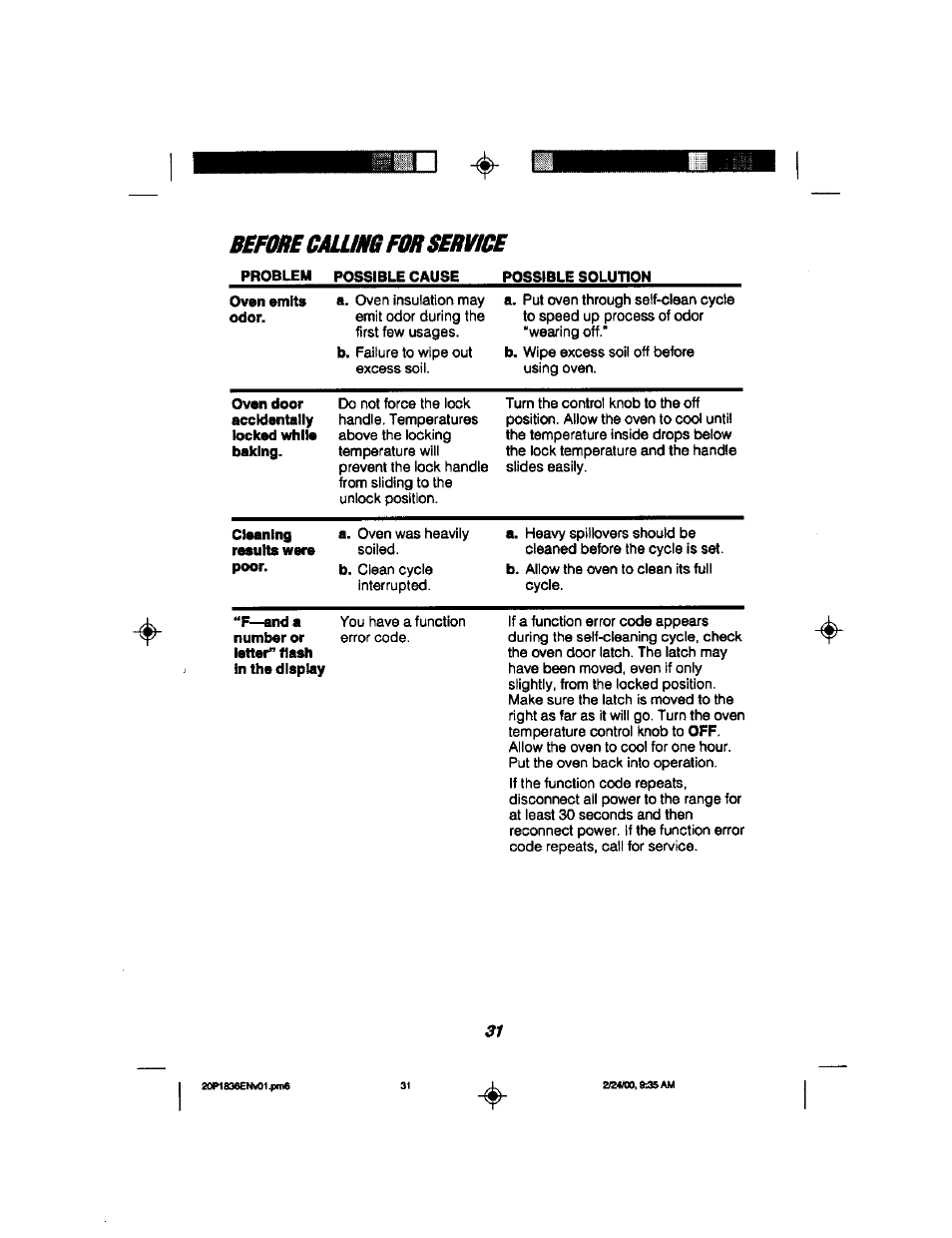 Before cauinb for service | Kenmore 911.93508 User Manual | Page 31 / 34