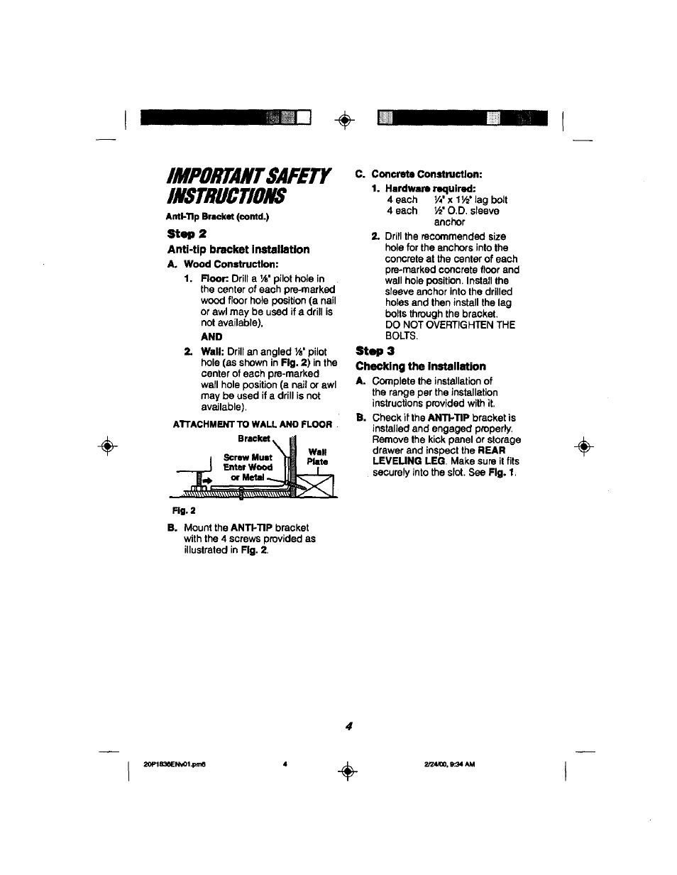 Imstmienm, Step 2, Anti-tip bracket installation | T«p 3, Checking the installation, Mpomamt safety | Kenmore 911.93508 User Manual | Page 4 / 34