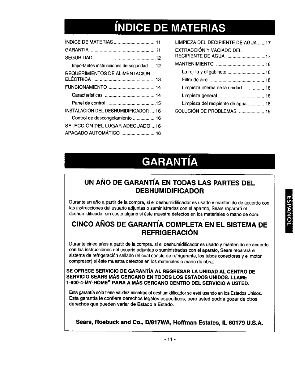 Garantía, Cinco años de garantía completa en el sistema de, Refrigeración | Indice de materias | Kenmore 580.53301 User Manual | Page 11 / 24