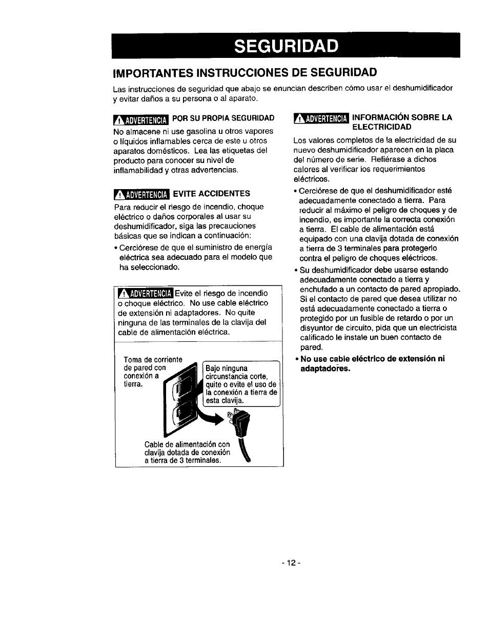 Seguridad, Importantes instrucciones de seguridad, A advertencia | Por su propia seguridad, Evite accidentes, Información sobre la electricidad | Kenmore 580.53301 User Manual | Page 12 / 24