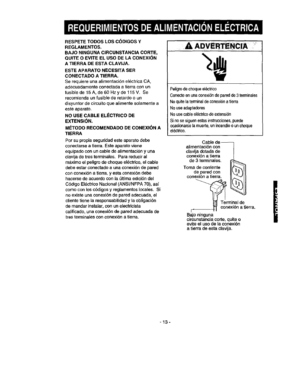 Requerimientos de alimentacion electrica, Respete todos los codigos y reglamentos, Este aparato necesita ser conectado a tierra | No use cable eléctrico de extensión, Método recomendado de conexión a tierra, Requerimientos de alimentación eléctrica | Kenmore 580.53301 User Manual | Page 13 / 24