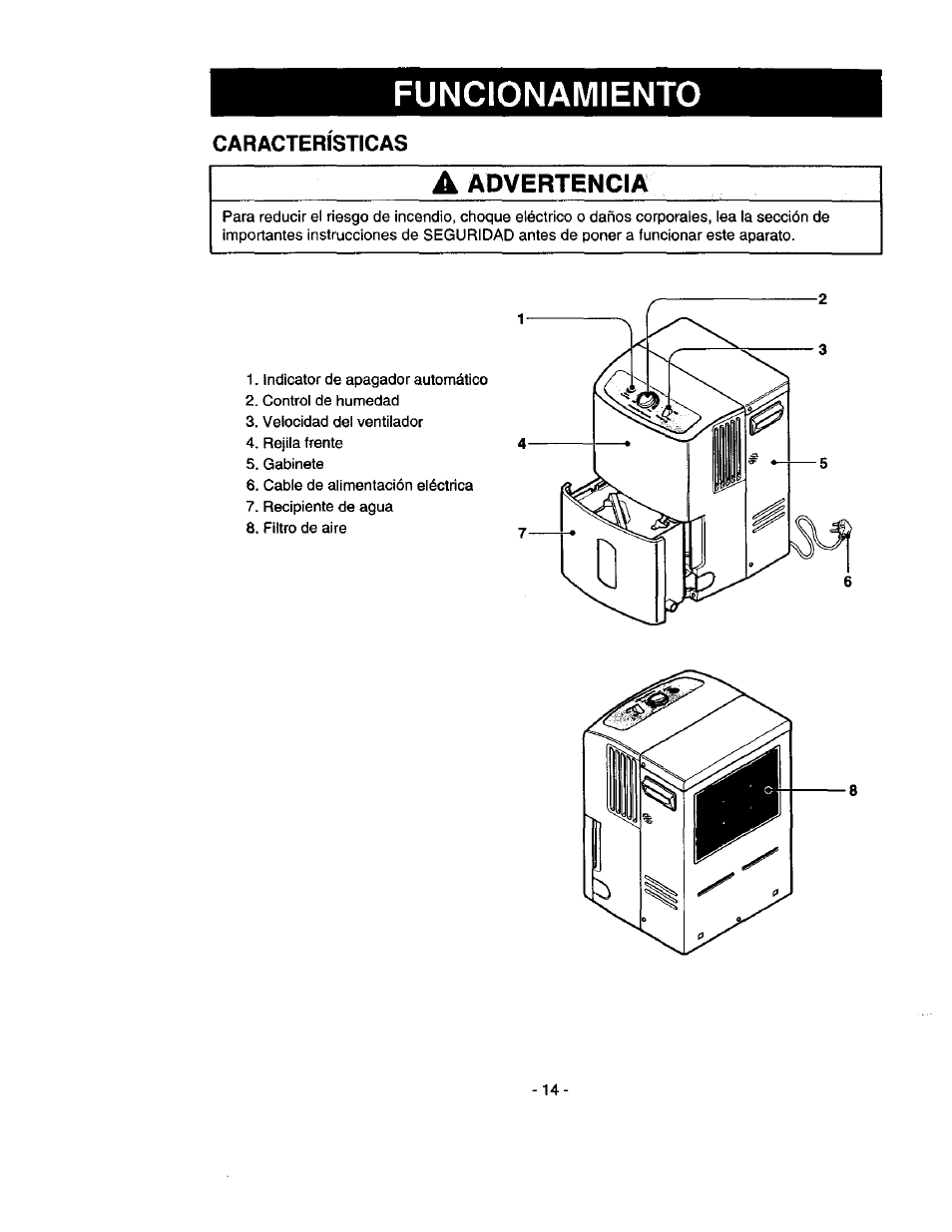 Caracteristicas, A advertencia, Características | Funcionamiento | Kenmore 580.53301 User Manual | Page 14 / 24