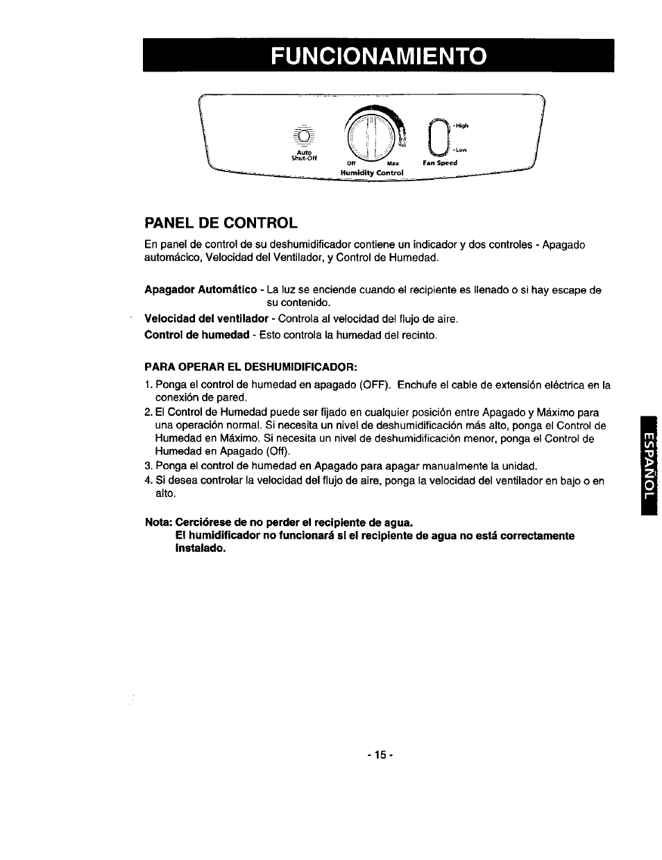 Panel de control, Para operar el deshumidificador, Funcionamiento | Kenmore 580.53301 User Manual | Page 15 / 24