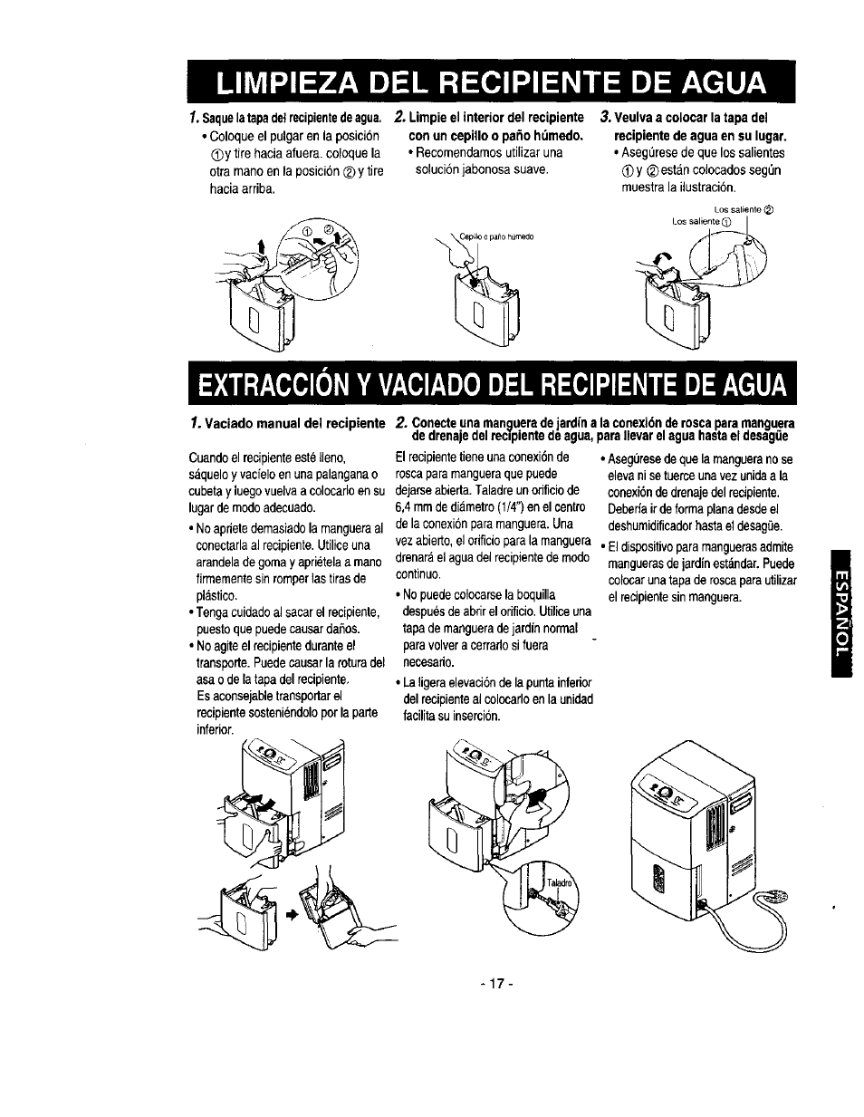 Limpieza del recipiente de agua, Vaciado manual del recipiente, Limpieza del decipiente de agua | Extracción y vaciado del recipiente de agua | Kenmore 580.53301 User Manual | Page 17 / 24