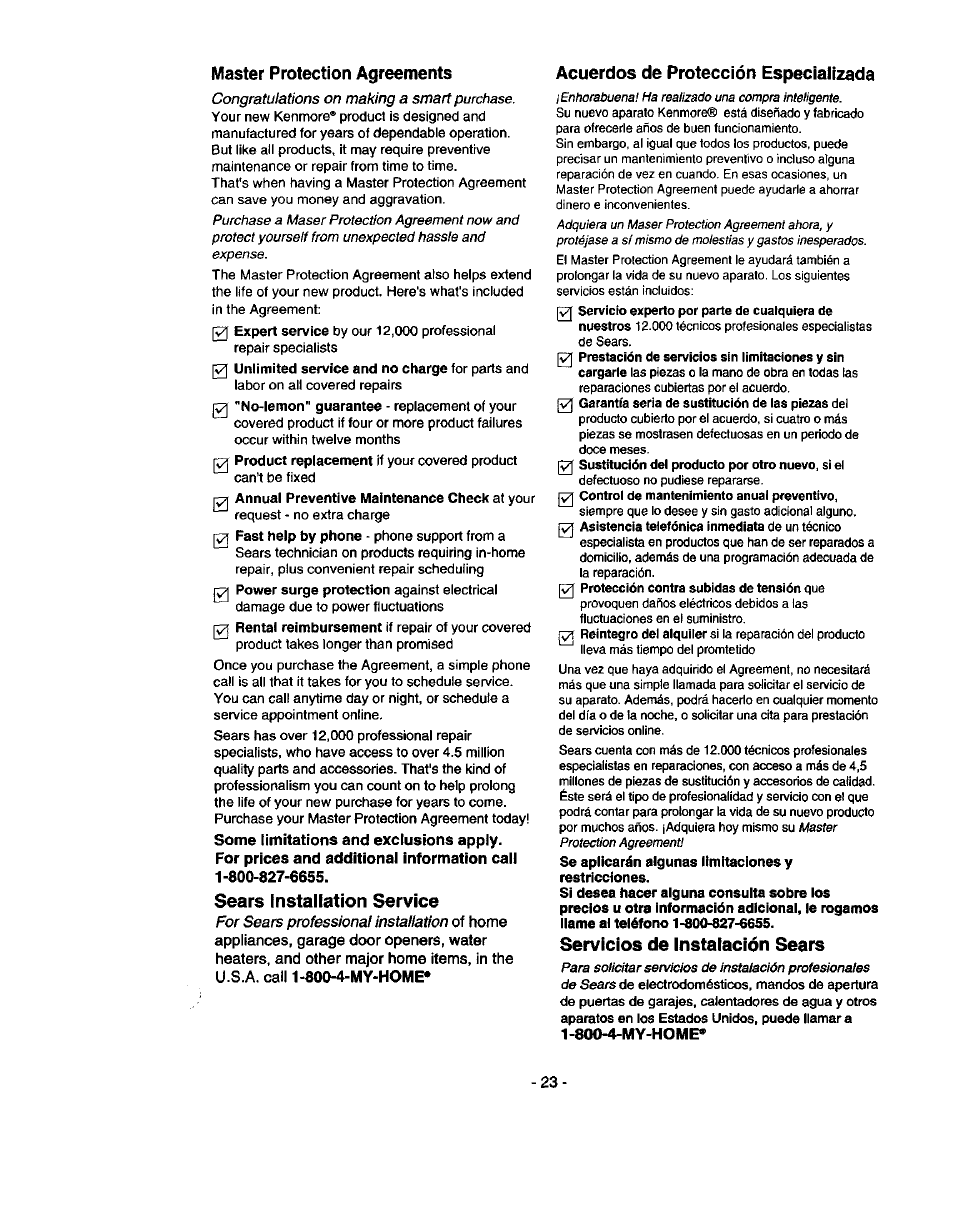 Master protection agreements, Sears installation service, Acuerdos de protección especializada | Servicios de instalación sears, 800-4-my-home | Kenmore 580.53301 User Manual | Page 23 / 24