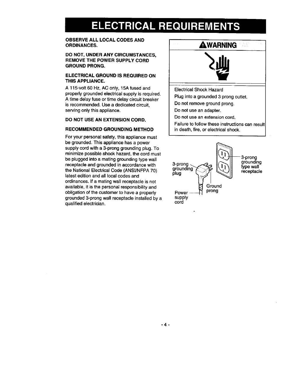 Electrical requirements, Observe all local codes and ordinances, Electrical ground is required on this appliance | Do not use an extension cord, Recommended grounding method | Kenmore 580.53301 User Manual | Page 4 / 24