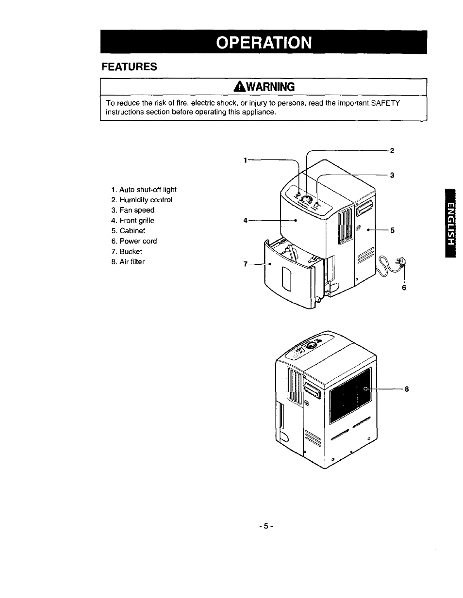 Operation, Features, Warning | Kenmore 580.53301 User Manual | Page 5 / 24