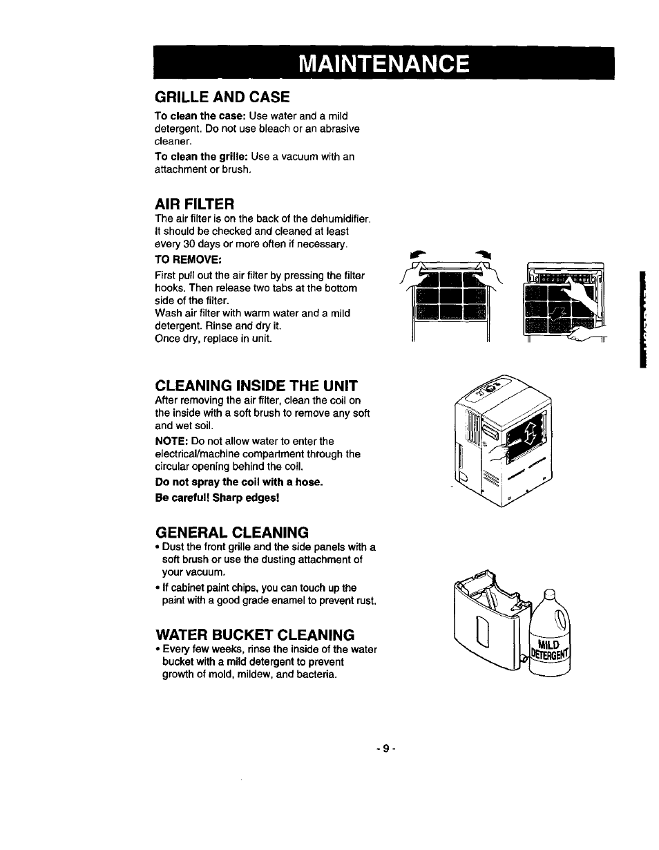 Maintenance, Grille and case, Air filter | Cleaning inside the unit, General cleaning, Water bucket cleaning | Kenmore 580.53301 User Manual | Page 9 / 24