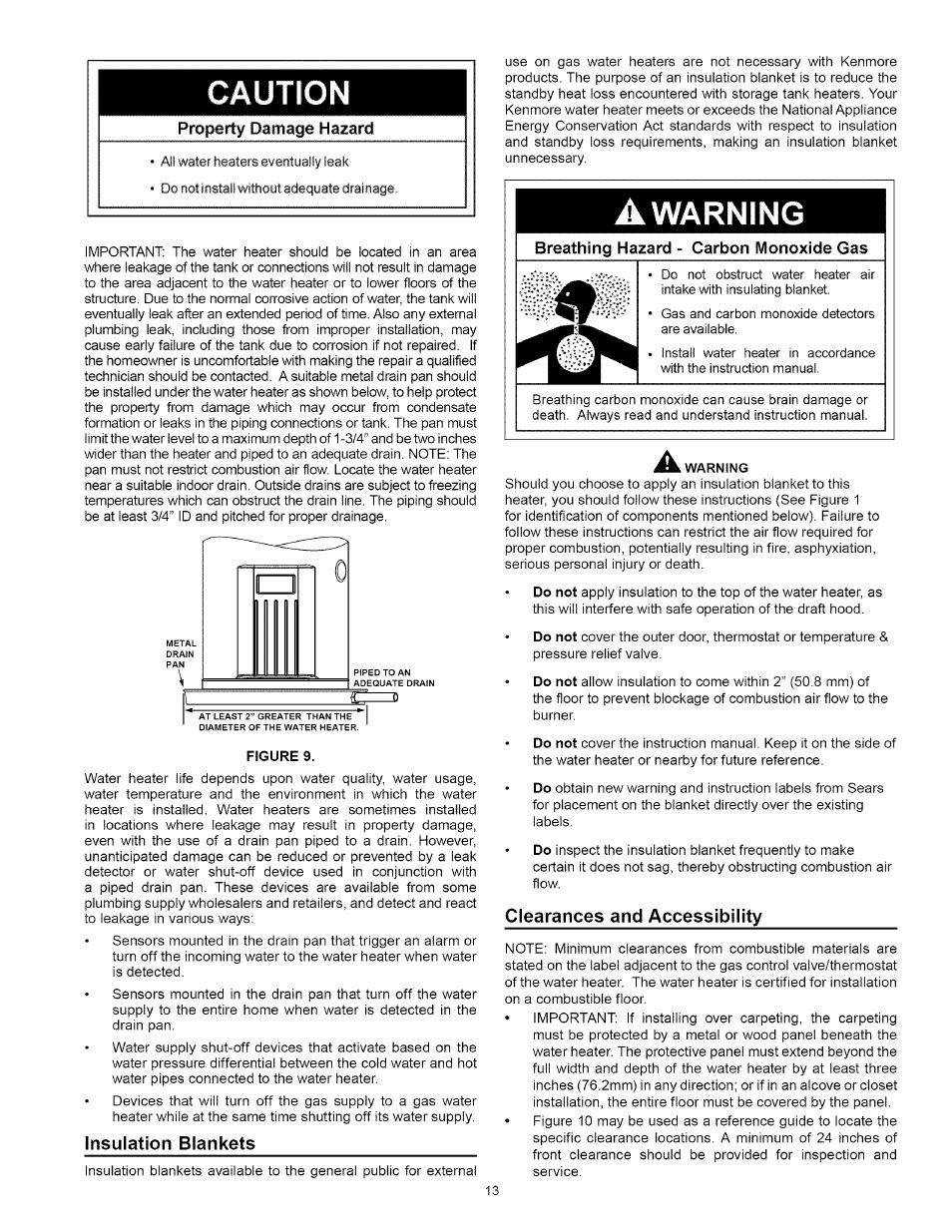 Insulation blankets, Clearances and accessibility, Clearances and accessibility -14 | Warning | Kenmore 153:331472 User Manual | Page 13 / 40