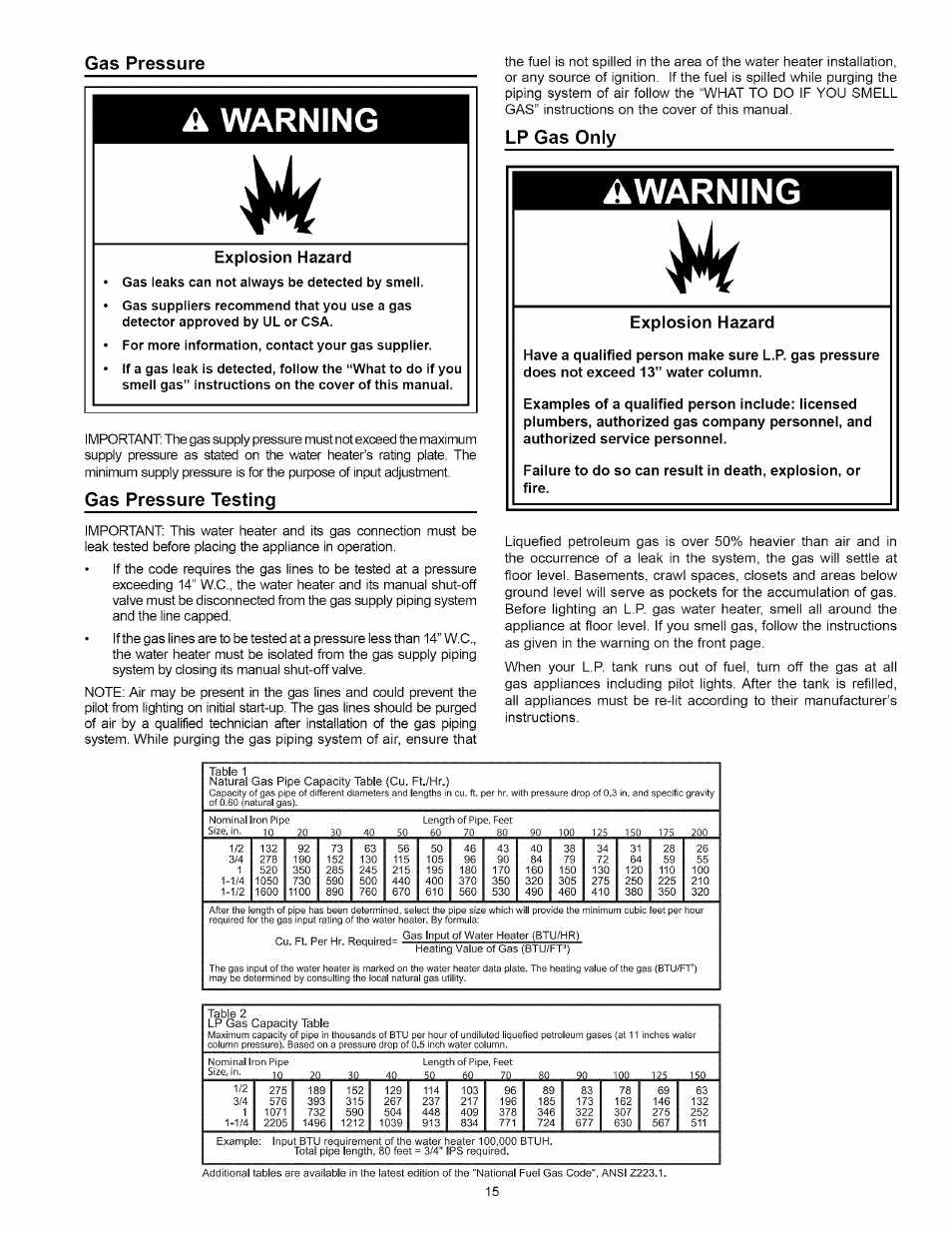Gas pressure, Explosion hazard, Gas pressure testing | Lp gas only, A warning, Àwarning, Table 2 lp gas capacity table | Kenmore 153:331472 User Manual | Page 15 / 40