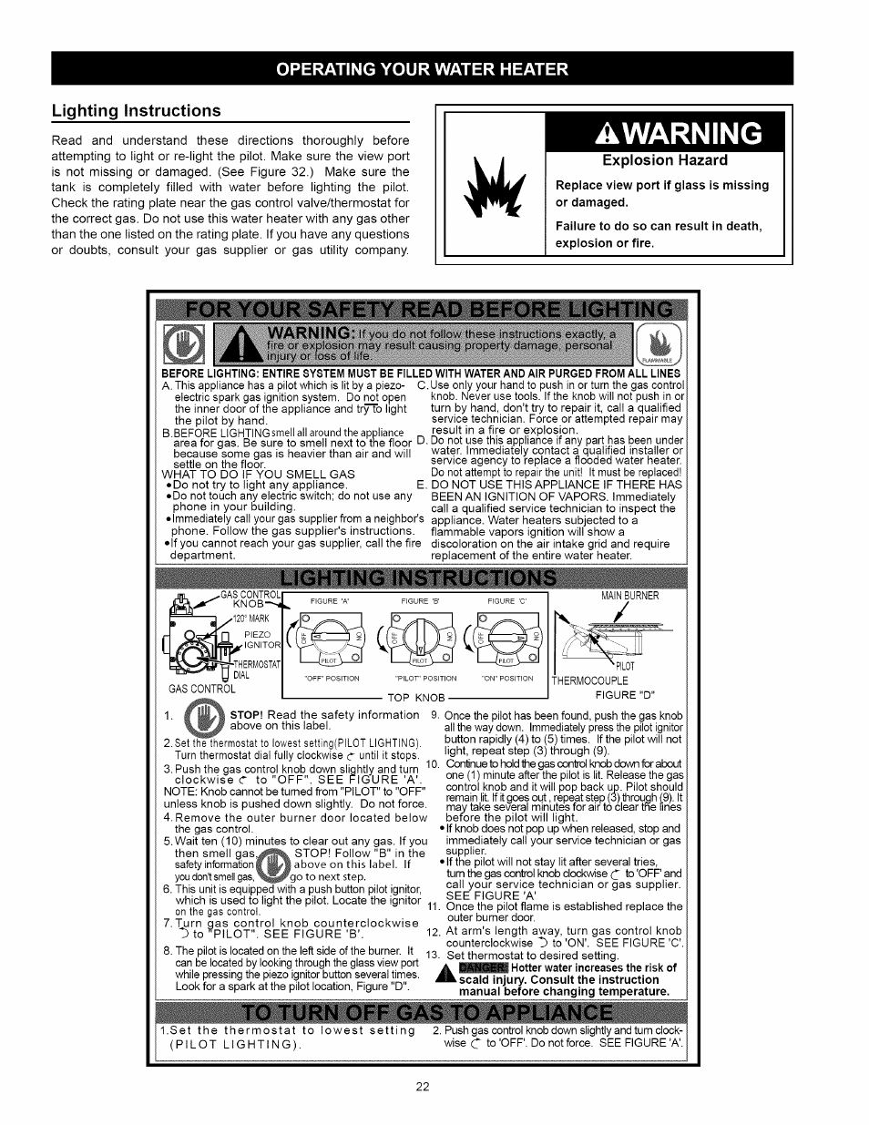 Operating your water heater, Lighting instructions, Explosion hazard | For your safety read before lighting, To tuf® off gas to appliance, Installation instructions -14, Operating your water heater -24, Awarning | Kenmore 153:331472 User Manual | Page 22 / 40