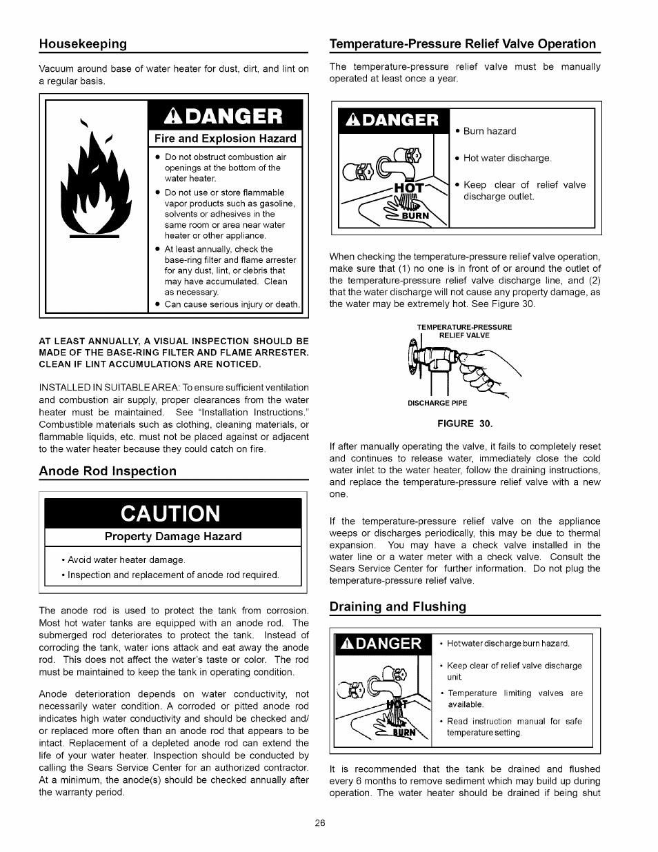 Temperature-pressure relief valve operation, Fire and explosion hazard, Anode rod inspection | Draining and flushing, Burner inspection, Draining and flushing -27, Adanger, Caution | Kenmore 153:331472 User Manual | Page 26 / 40