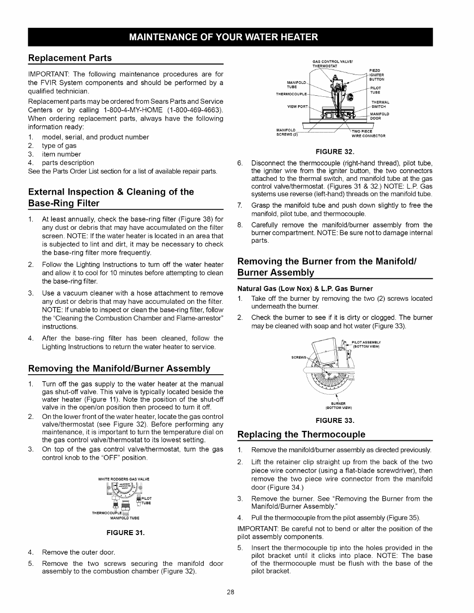 Maintenance of your water heater, Replacement parts, Removing the manifold/burner assembly | Replacing the thermocouple, Maintenance of your water heater -31, Replacing the thermocouple -29 | Kenmore 153:331472 User Manual | Page 28 / 40