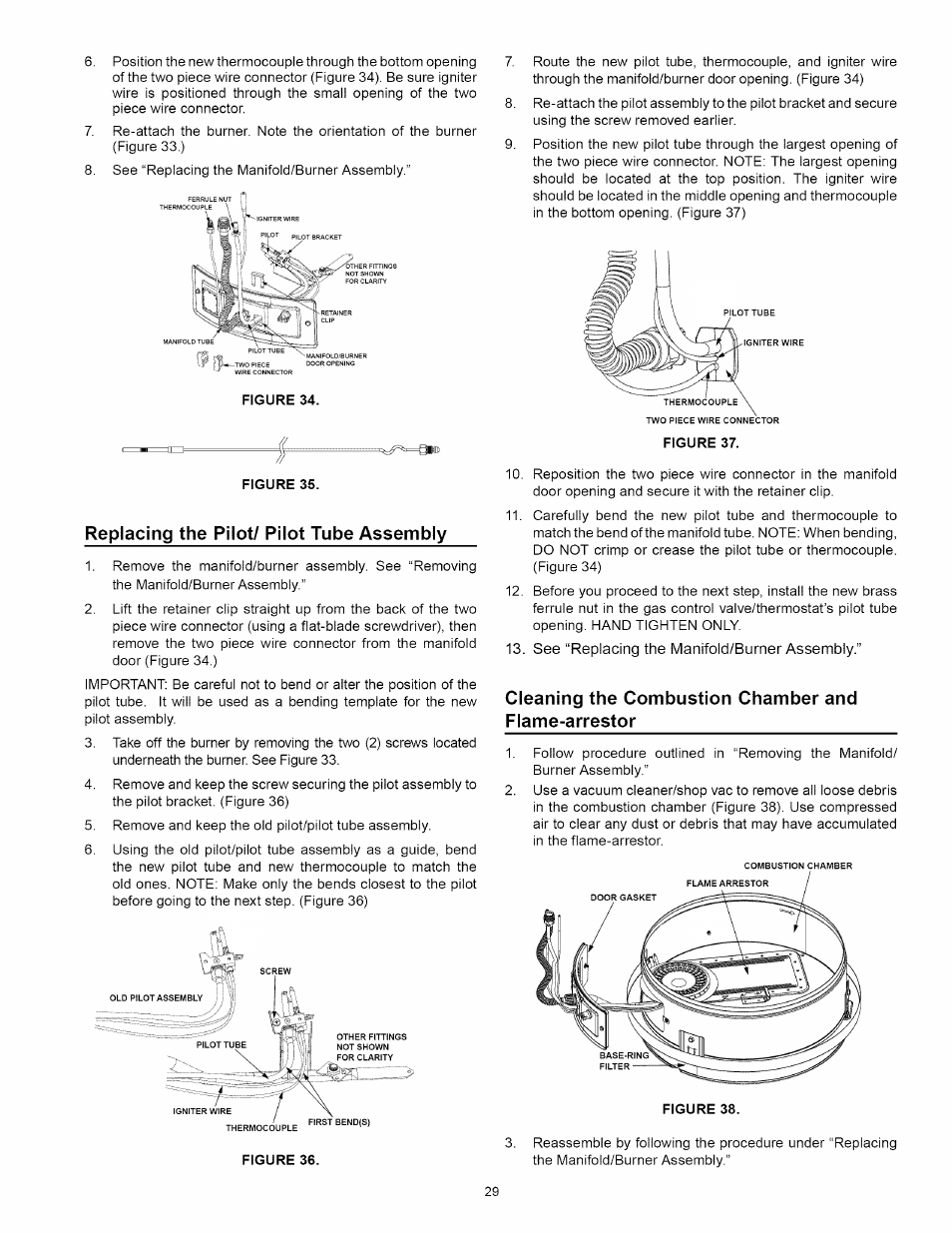 Replacing the pilot/ pilot tube assembly, Cleaning the combustion chamber and flame-arrestor | Kenmore 153:331472 User Manual | Page 29 / 40