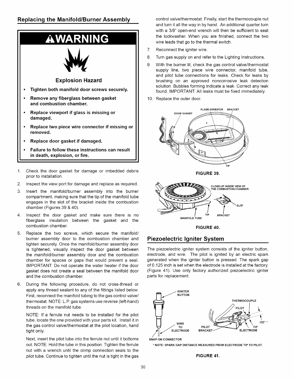 Replacing the manifold/burner assembly, Piezoelectric igniter system, Awarning | Kenmore 153:331472 User Manual | Page 30 / 40