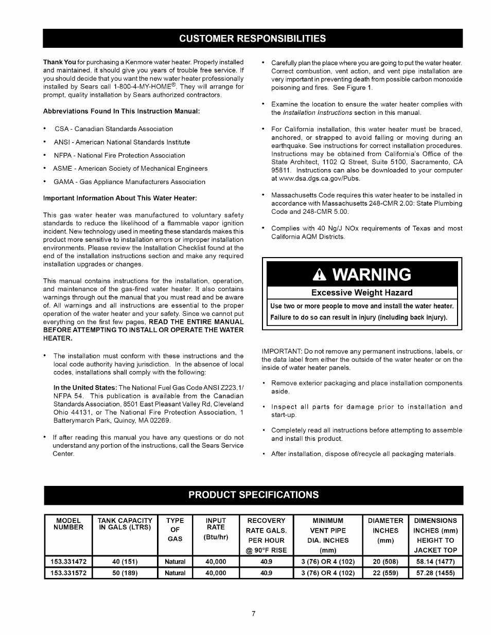 Customer responsibilities, Product specifications, Warning | Kenmore 153:331472 User Manual | Page 7 / 40