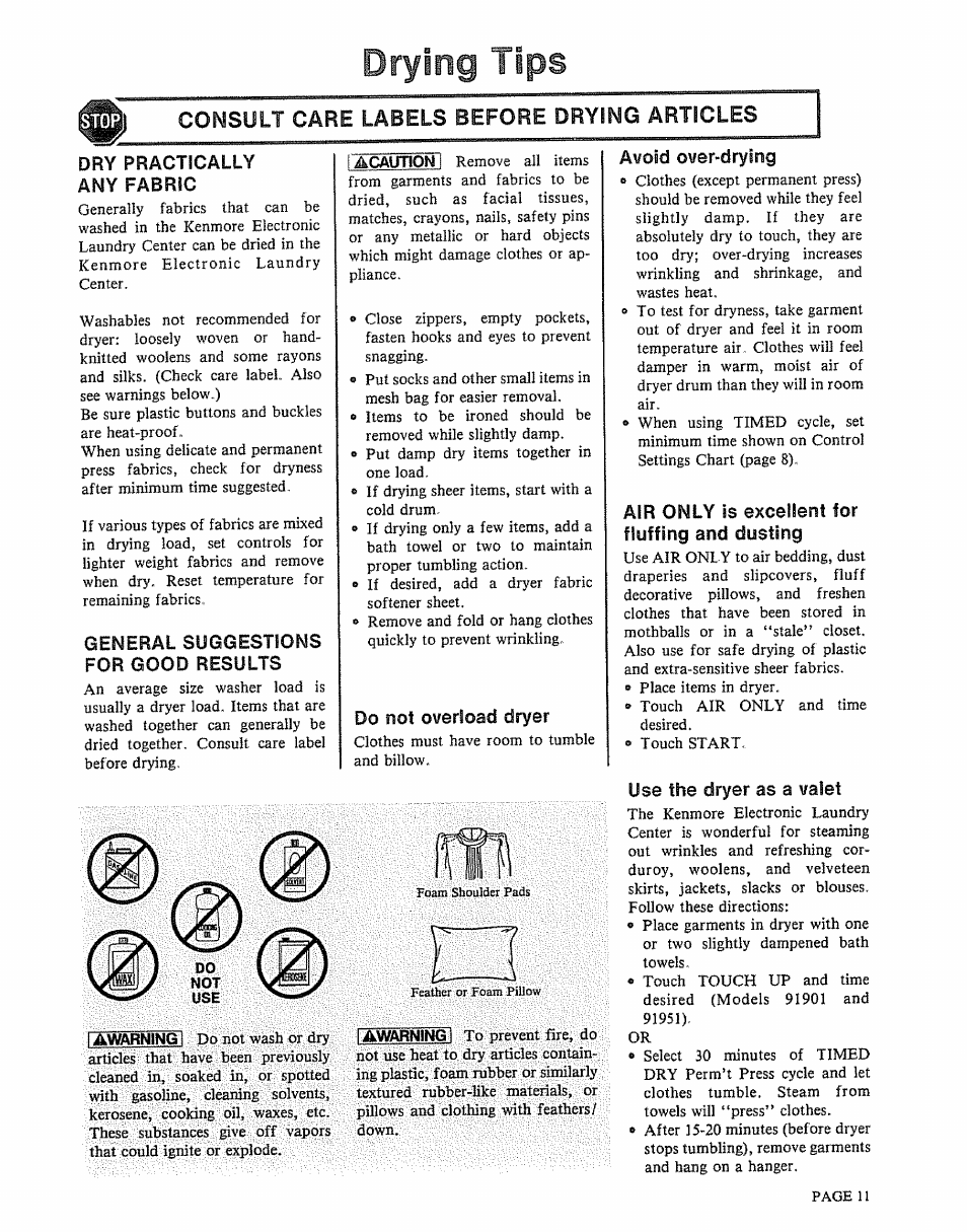 Drying tips, Dry practically any fabric, General suggestions for good results | Do not overload dryer, Avoid over-drying, Air only is excellent for fluffing and dusting, Use the dryer as a valet, Tips, Drying | Kenmore 91801191901 User Manual | Page 11 / 16