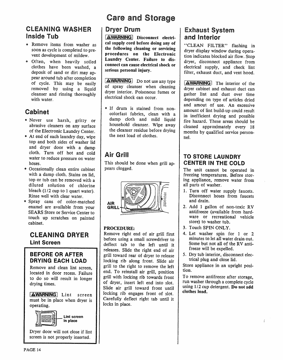 Cleaning washer inside tub, Cabinet, Cleaning dryer | Lint screen, Dryer drum, Air grill, Exhaust system and interior, To store laundry center in the cold, Care and storage, Washer | Kenmore 91801191901 User Manual | Page 14 / 16