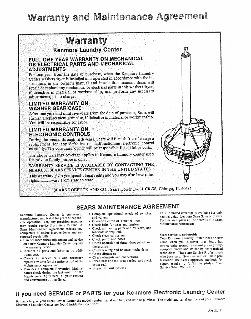 Kenmore laundry center, Limited warranty on washer gear case, Limited warranty on electronic controls | Sears maintenance agreement, Warranty and iflaintenanc© agreement | Kenmore 91801191901 User Manual | Page 15 / 16