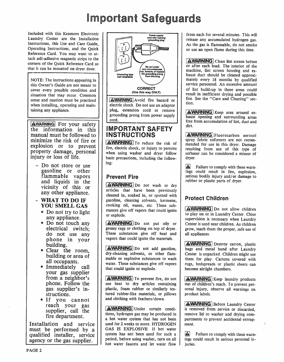 Important safeguards, Important safety instructions, Prevent fire | Protect children, Instructions, Important safety | Kenmore 91801191901 User Manual | Page 2 / 16