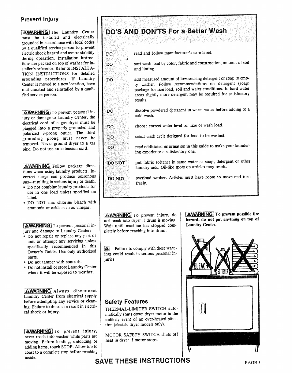 Prevent injury, Safety features, Do’s and donts for a better wash | Save these instructions | Kenmore 91801191901 User Manual | Page 3 / 16