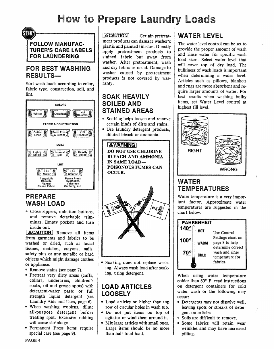 Follow manufacturer’s care labels for laundering, For best washing, Results | Prepare wash load, Soak heavily, Soiled and stained areas, Load articles loosely, Water level, Water, Temperatures | Kenmore 91801191901 User Manual | Page 4 / 16