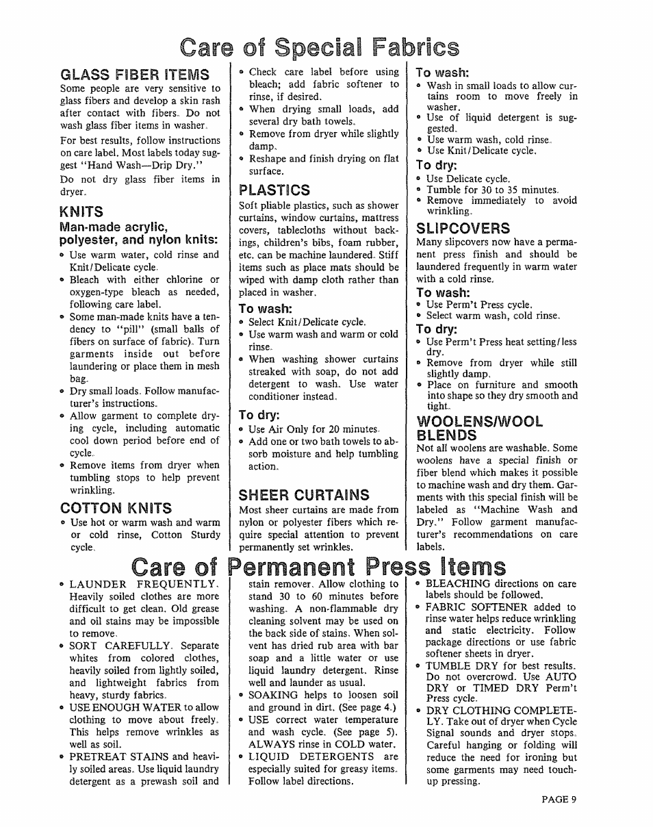 Care of special fabrics, Glass fiber items, Knits | Man-made acrylic, polyester, and nylon knits, Cotton knits, Care of, Plastics, To wash, To dry, Sheer curtains | Kenmore 91801191901 User Manual | Page 9 / 16