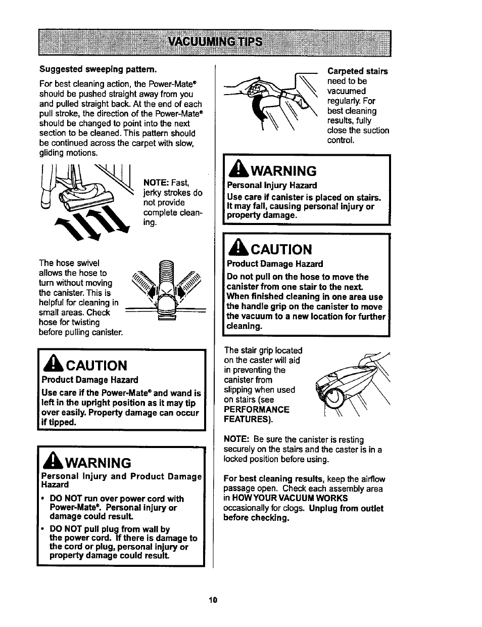 Vacuuming tips, Warning, A caution | Caution | Kenmore ASPIRADORA 116.25914 User Manual | Page 10 / 44