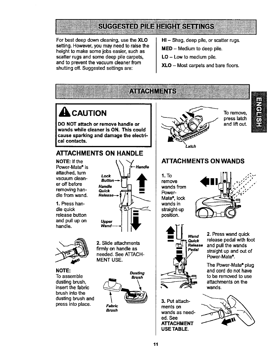 Suggested pile height settings, Attachments, A caution | Attachments on handle, Attachments on wands | Kenmore ASPIRADORA 116.25914 User Manual | Page 11 / 44